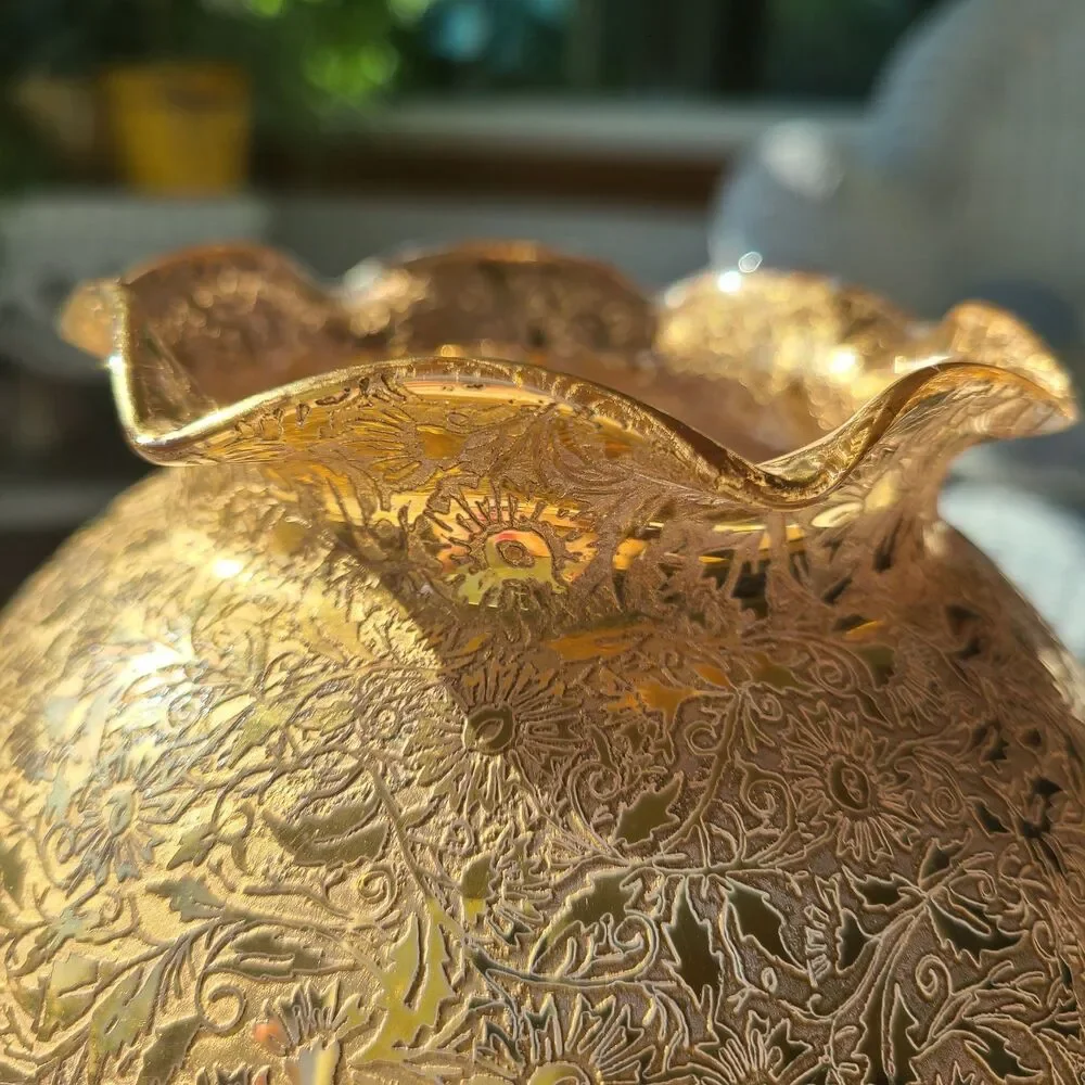 Vintage Glastonbury Lotus 22K Gold Encrusted Rose Bowl Globe Vase Ruffled Rim
